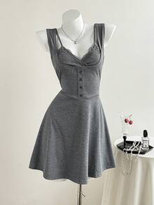 Vestido de verano ajustado sin mangas con parches de encaje de unicolor - Gris - Ver 3