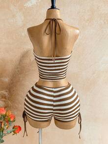 Soleia Bộ đồ 2 mảnh mùa xuân/hè dành cho nữ: Áo croptop dệt kim kẻ sọc đỏ trắng phối màu tương phản và quần short ôm sát cạp siêu thấp, thích hợp cho tiệc tùng, hẹn hò, đi biển, du thuyền, lễ hội hóa trang, lễ Phục sinh. - Cà phê nâu - Xem 2