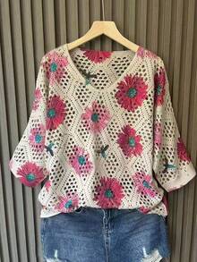 Voyazaga Plus Size Women's Fashion Short-Sleeve Sweater,Small V-Neck Openwork Animal Floral Print,White,Summer,Boho,Flowy,Vacation,Holiday Casual Minimalist - Hot Pink - View 7