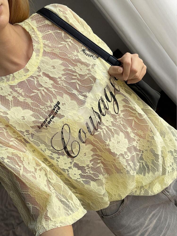Women's Lace Patchwork Letter Print Casual Versatile Daily Wear T-Shirt