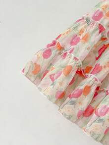 SHEIN 女婴时尚休闲度假碎花蝴蝶结装饰蛋糕裙，适合春季、夏季、秋季、度假、节日、派对、日常穿着 - 粉色 - 查看 3
