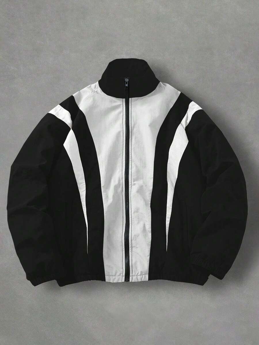 Manfinity EMRG Men's Fashion Versatile Contrast Color Zipper Jacket - Black and White - View 1