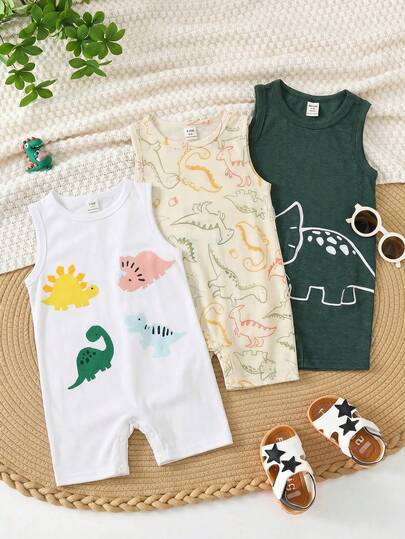SHEIN Bộ 3 món áo liền quần không tay in hình khủng long dễ thương cho bé trai, thích hợp mặc mùa xuân/hè.