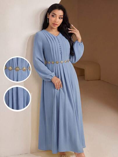 Mulvari Đầm nữ thanh lịch, cổ chữ V, tay phồng, xếp ly.