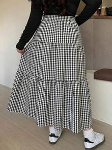 Dazy Plus Falda holgada de talle elástico con estampado a cuadros en patchwork, talla grande, blanco, primavera/verano - Blanco y Negro - Ver 4