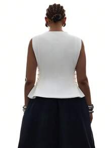 SHEIN EZwear 大码女式V领单排扣系带时尚百搭通勤休闲背心衬衫，适合正式场合，白色背心，优雅高贵的正式白色背心 - 白色 - 查看 2