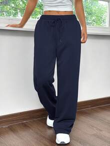 SHEIN EZwear Quần nỉ thể thao dáng suông rộng rãi màu xanh navy, dùng ở nhà và chơi thể thao - Màu xanh hải quân - Xem 4