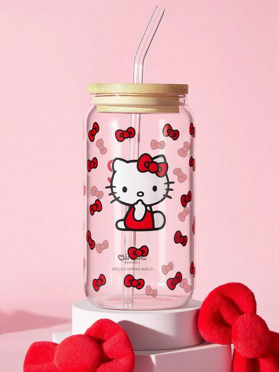 HELLO KITTY AND FRIENDS | SHEIN 1個 Kitty 500ml/16.91oz 高硼矽玻璃隨行杯,附吸管與吸管刷,雙面印花紅色蝴蝶結可愛卡通冰咖啡杯,大容量水杯,適合居家、旅行與送禮 - 無色 - 查看 1