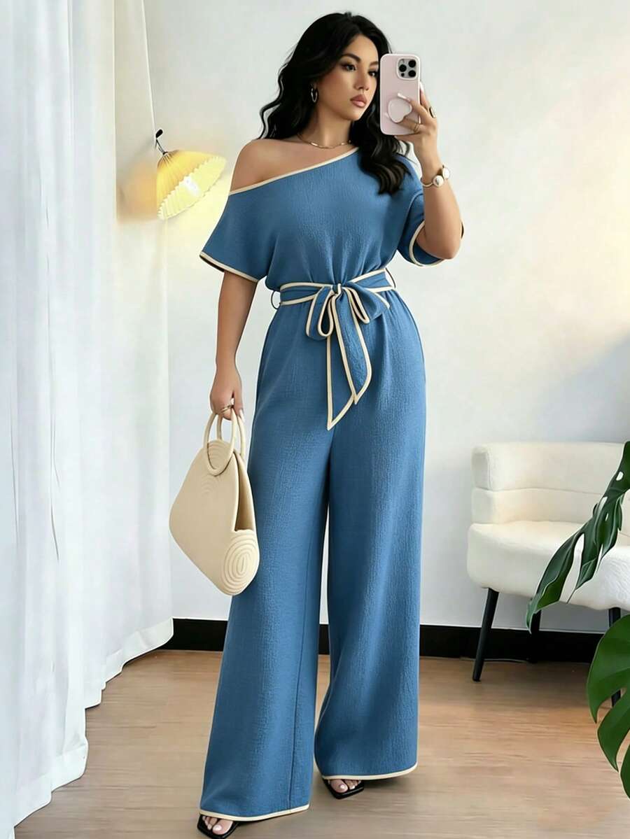 Rafferiza Casual Vacation Asymmetrical Shoulder Textured Soft Elastic Waist Comfortable Slimming Wide Leg Pants, Khaki, Spring/Summer - Blue - View 1