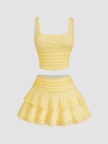 Sweetra Plus Size Summer Fashionable Casual Camisole Top And A-Line Midi Skirt 2 Pieces Set - Yellow - View 1
