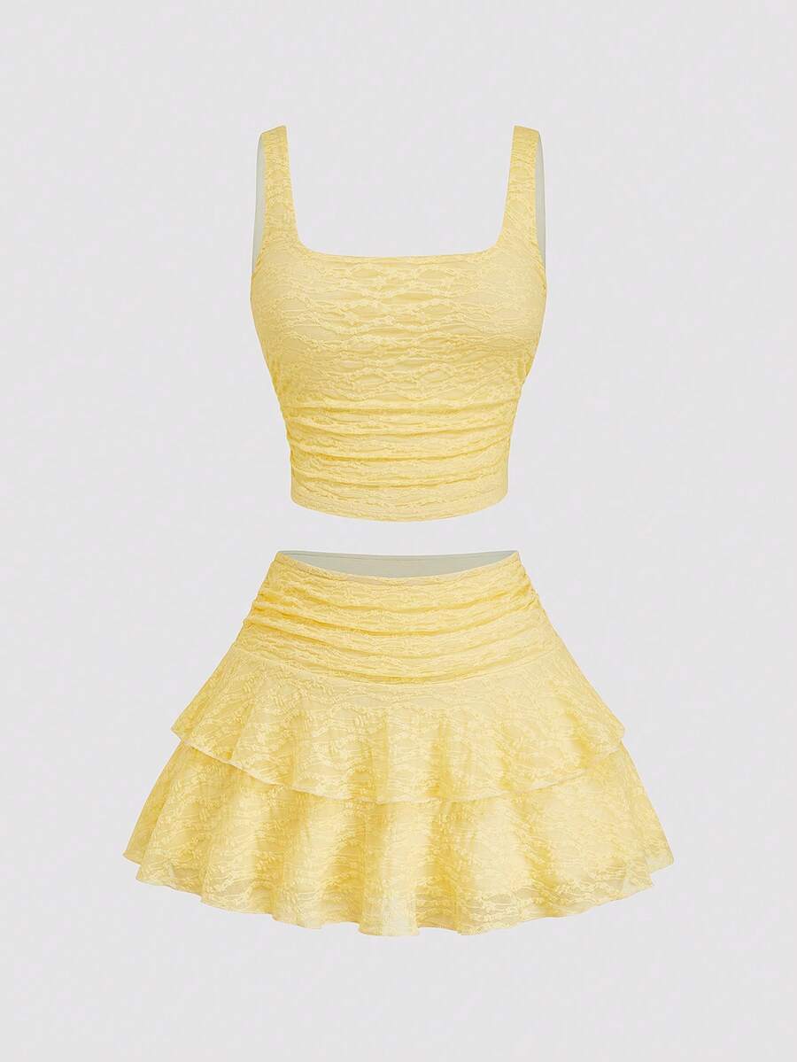 Sweetra Plus Size Summer Fashionable Casual Camisole Top And A-Line Midi Skirt 2 Pieces Set - Yellow - View 1