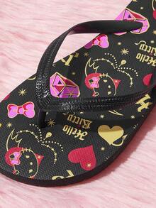 HELLO KITTY AND FRIENDS | SHEIN 女士卡通印花人字拖，圆头平跟，防滑软底，甜美少女黑色印花EVA材质，沙滩凉鞋 - 黑粉色 - 查看 4