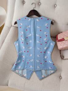 GlowEve Áo khoác denim nữ cổ chữ V, họa tiết thêu hình học, kiểu dáng thường ngày, đa năng. - Màu xanh lam - Xem 2