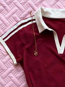 Camiseta de mujer de manga corta ajustada con cuello polo de unicolor - Multicolor 5 - Ver 3