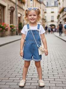 SHEIN Vintaside Kids Young Girl'Denim Bib Shorts,Medium Blue,Back-To-School Summer New Arrival Casual Cute Adjustable Rolled Hem Distressed Relaxed Fit Soft Cotton Fabric - Medium Wash - View 10