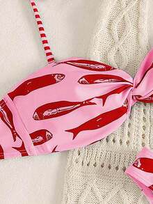 Swim Mod New Spring/Summer Fish Print Spaghetti Strap Twist Front Low Waist Bikini 2-Piece Swimwear Set - Multicolor - View 5