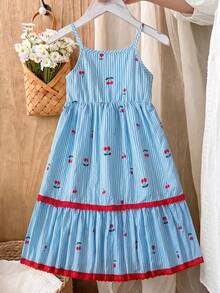 SHEIN Genkimix Kids Gaun Anak Perempuan Motif Bunga Gaya Pedesaan, Elegan dan Imut, Cocok untuk Musim Semi dan Musim Panas - Baby Blue - View 4