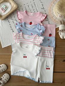 SHEIN 8件組 0-3歲女嬰粉色與白色夏季可愛家庭套裝 休閒素色針織不對稱羅紋背心T恤上衣與短褲套組 - 彩色 - 查看 8