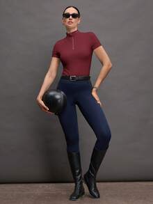 Activina Women's Solid Color Zipper Placket Short Sleeve Equestrian Top Activina Women's Stand Collar Solid Color Raglan Short Sleeve Fitted Equestrian Shirt Burgundy  Ralphlauren Old Money - Red - View 3