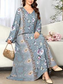 SHEIN Najma 花卉藤蔓蕾丝花边印花加大码女式连衣裙，女士时尚V领长袖长款连衣裙，优雅正式礼服，春夏款 - 彩色 - 查看 4