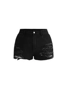 ROMWE Plus Size Distressed Design Versatile High Stretch Sexy Slim Fit Mini Denim Shorts, All-Match Black - Black - View 2