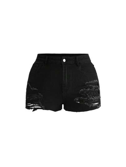 ROMWE Quần short denim mini dáng ôm, co giãn cao, thiết kế rách nhẹ, đa năng, gợi cảm, màu đen, dễ phối đồ.