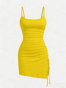 Plus Size Sexy Spaghetti Strap Asymmetric Hem Drawstring Casual Midi Dress - Yellow - View 5