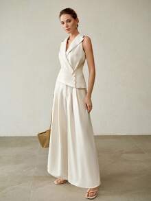 MOTF PREMIUM 2PCS/SET TAILORED COLLAR FITTED WAISTCOAT & WIDE LEG PLEATED PANTS, SPRING/SUMMER - Apricot - View 2