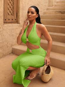Sirith Vestido elegante de mujer con decoración metálica y espalda descubierta, adecuado para vacaciones - Verde - Ver 4