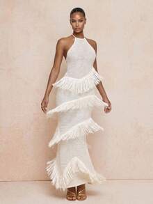 Lumalex Women's Off-White Summer Elegant Turtleneck Bodycon Asymmetrical Fringe Maxi Sweater Dress,Luxury Holiday Vacation Party Graduation Soirées Holiday - Apricot - View 7