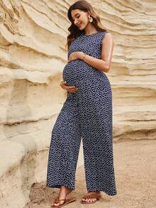 Boho Mama 孕妇极简印花圆领无袖连体裤 - 藍色 - 查看 4