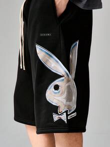 PLAYBOY X SUMWON Pantalón de chándal negro de corte relajado con cordón en la cintura e impresión gráfica de conejo - Negro - Ver 5