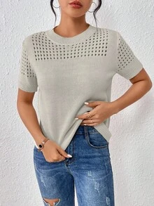 EMERY ROSE Áo dệt kim tay ngắn cổ tròn màu trơn dành cho nữ, thích hợp mặc mùa hè hoặc dịp năm mới. - Màu Xám nhạt - Xem 5