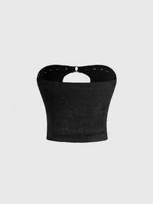 ROMWE Grunge Punk Punk Metal Buckle Design Hollow Out Lace Crop Top, Sexy & Tight Fitting - Black - View 2