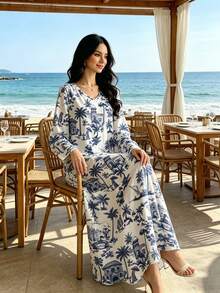 SHEIN Najma Đầm dài in họa tiết thực vật cổ điển, đầm hoa tay dài cổ chữ V, đầm chiffon thanh lịch cho mùa xuân/hè. - Nhiều màu - Xem 3