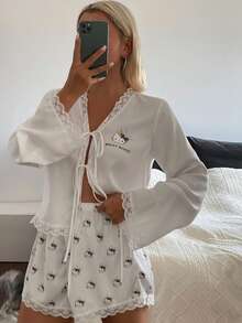 HELLO KITTY | DAZY 2pcs/Set Lace Patchwork Satin Long Sleeve Top And Shorts Pajama Set, Spring/Summer - White - View 6