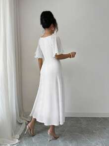 Modelyn Women's Solid Butter Yellow Chiffon Ruffle Sleeve Design Summer French Style Vacation Dress - White - View 2