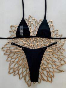 Elavelle Bộ bikini buộc cổ màu trơn dành cho nữ, thích hợp cho mùa xuân/hè. - màu đen - Xem 2