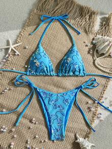 Costavie Bộ bikini gợi cảm gồm 2 món: áo ngực tam giác và quần bơi buộc dây bên hông bằng vải đặc biệt đính sequin nhiều màu sắc, thích hợp cho mùa xuân/hè. - Màu xanh lam - Xem 3