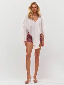 Textured Floaty Chiffon V-Neck Frill Blouse Summer Holiday Vacation Beach Ibiza Cute Festival Elegant Cherry Moon - White - View 5