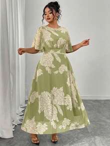 Modelyn Plus Size Women's Elegant Round Neck Ruffle Flare Sleeve Fitted Flowy Maxi Chiffon Dress, Spring/Summer - Multicolor - View 4