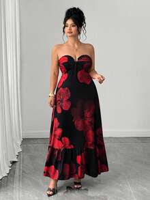 SHEIN Clasi Gaun Tanpa Lengan Elegan Motif Bunga dengan Pinggang Berkerut untuk Wanita Ukuran Plus, Cocok untuk Pesta, Liburan, dan Jalan-jalan Musim Panas Warna Hitam - Merah - View 3