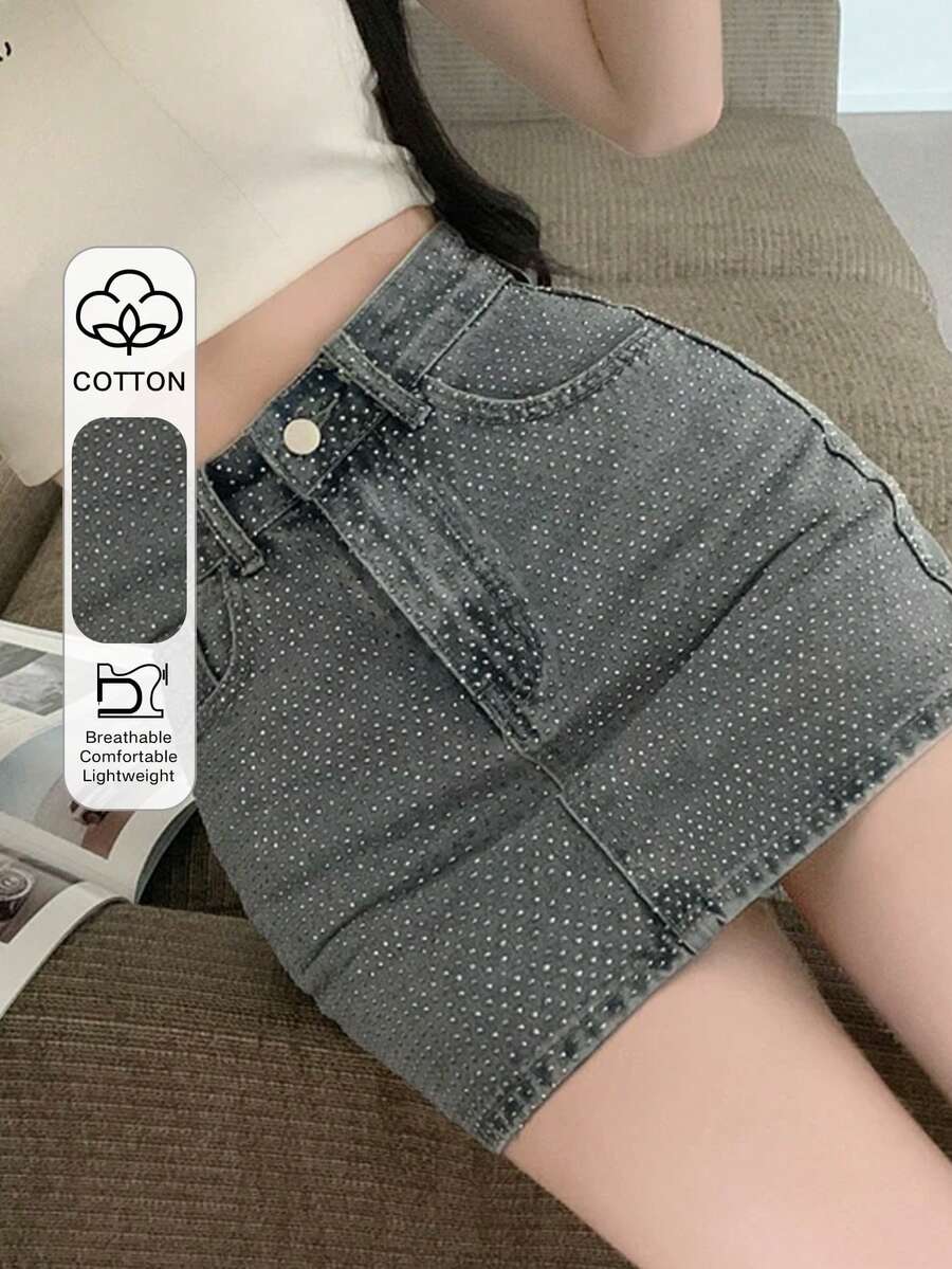 FRIFUL Chân váy denim ngắn nữ đính đá lấp lánh, kiểu dáng thường ngày, đa năng, thích hợp cho buổi hẹn hò, mùa hè. - Màu xanh lam - Xem 1