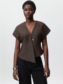 Aveloria Zanirela Áo khoác cardigan dáng rộng cổ chữ V tối giản, thiết kế vạt áo bất đối xứng, không tay, thích hợp mặc đi làm, mùa hè và mùa thu. - màu nâu - Xem 4