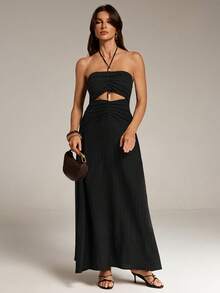SHEIN Tall Women's Solid Color Backless Beaded Crochet Dress, Perfect For Vacation,Bohemian Clothes - Black - View 1