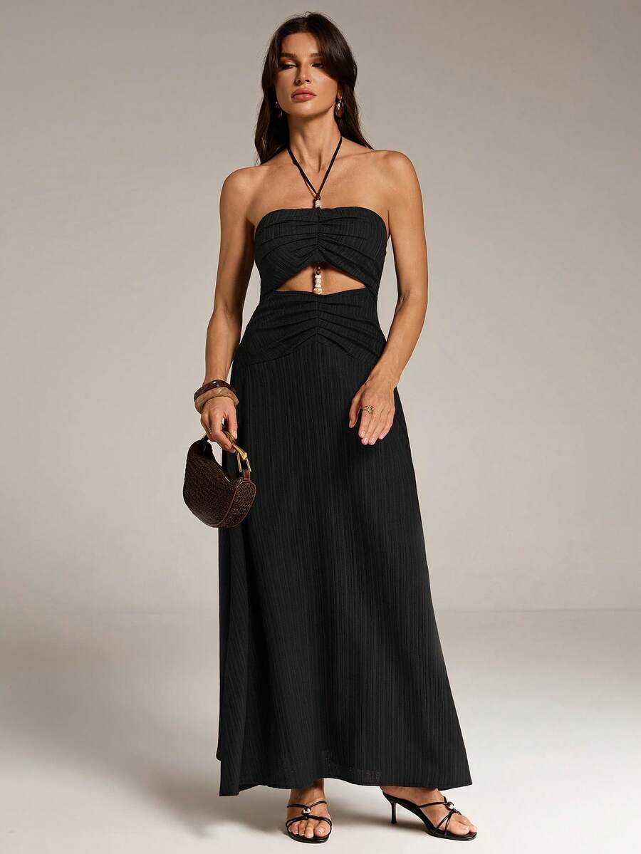SHEIN Tall Women's Solid Color Backless Beaded Crochet Dress, Perfect For Vacation,Bohemian Clothes - Black - View 1