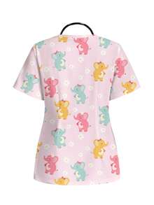 PopScrub 恐龙图案V领短袖休闲简约女式护士服上衣 - 彩色 - 查看 2