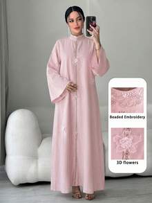 Yasmyna Áo Abaya Thổ Nhĩ Kỳ thêu hoa 3D đính cườm và đầm maxi truyền thống Ả Rập dành cho nữ. - Màu Hồng baby - Xem 1