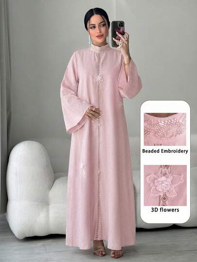 Yasmyna Áo Abaya Thổ Nhĩ Kỳ thêu hoa 3D đính cườm và đầm maxi truyền thống Ả Rập dành cho nữ.