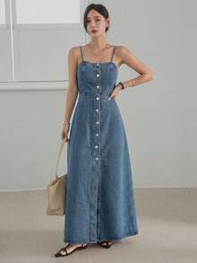 Dazy-Less Đầm denim không tay dáng chữ A xẻ tà, thắt eo, dành cho nữ, thích hợp cho mùa xuân và hè. - Màu xanh lam - Xem 1